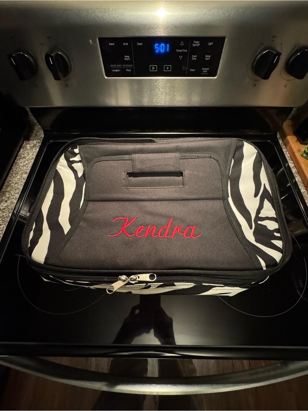 Personalized Black Zebra Casserole Carrier with Red 'Kendra' Embroidery